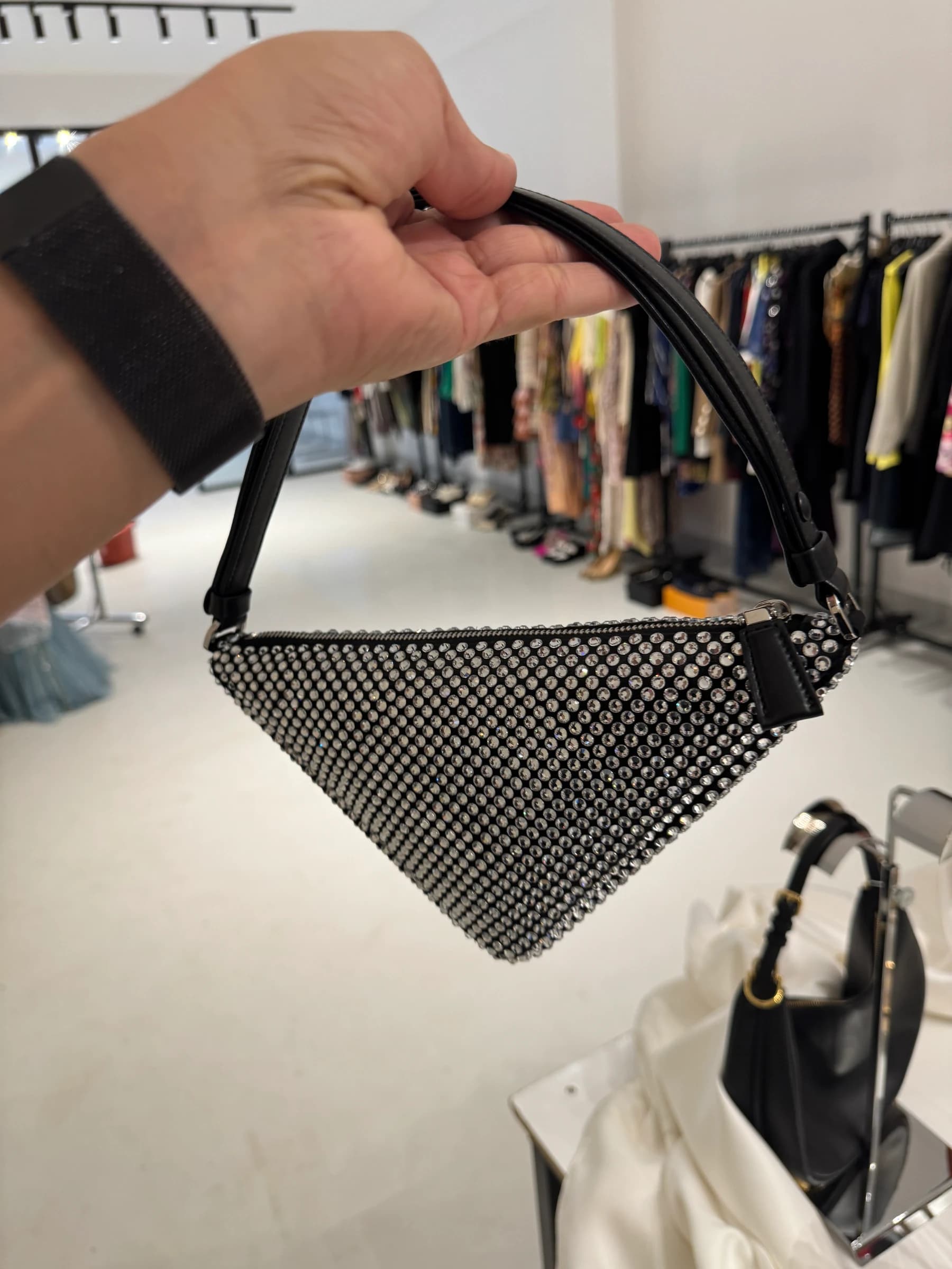 Prada Triangle Kristal Saten Mini Kol Çantası görsel 6