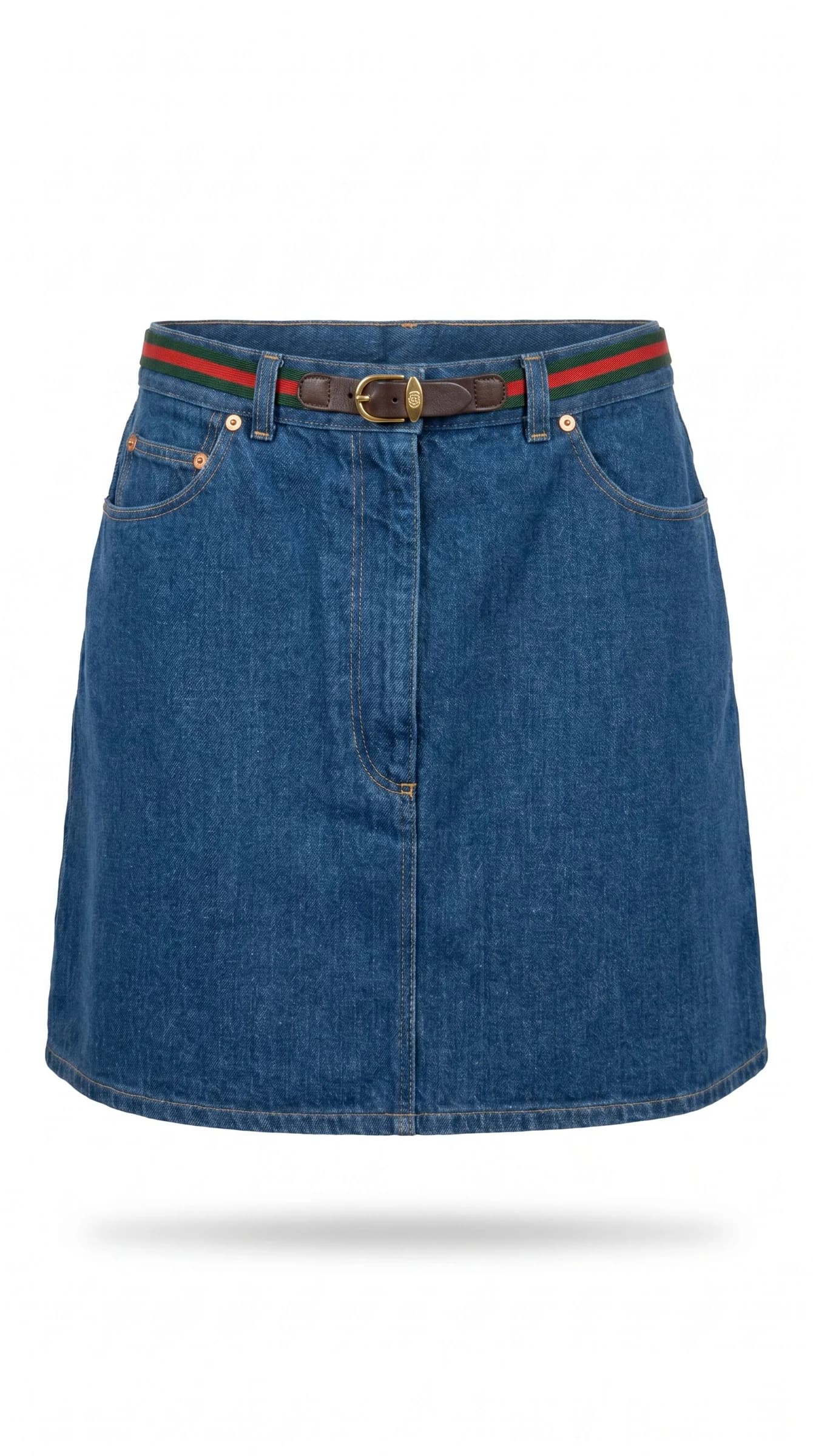 Gucci Web Şerit Kemerli Denim Mavi Mini Etek