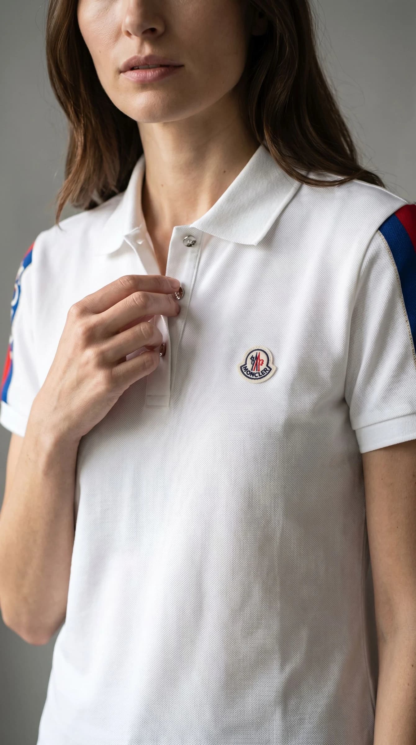 Moncler Logo Patch Triko Şeritli Beyaz Polo görsel 5