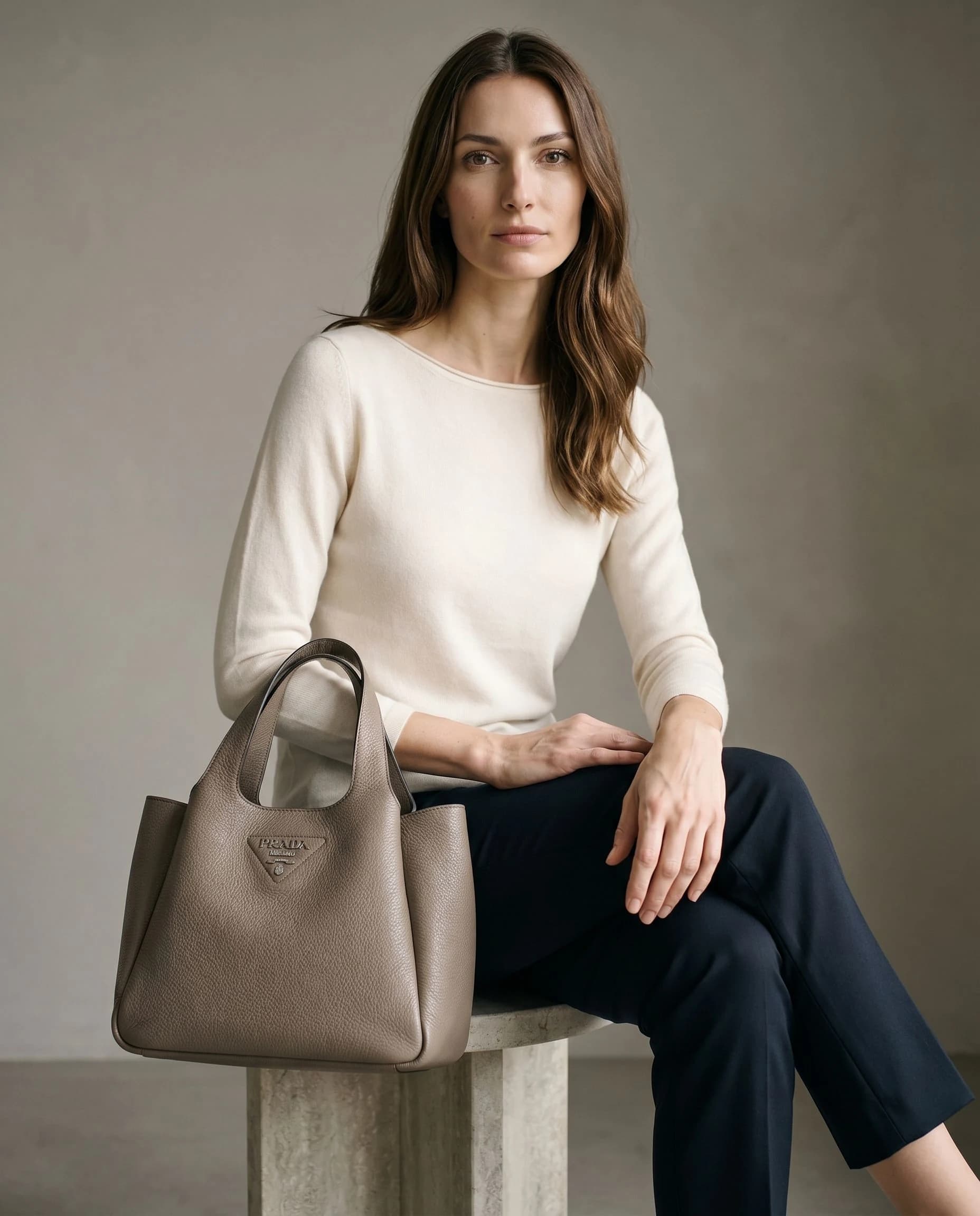 Prada Vitello Daino Soft Shopping Argilla Deri Omuz Çantası görsel 5