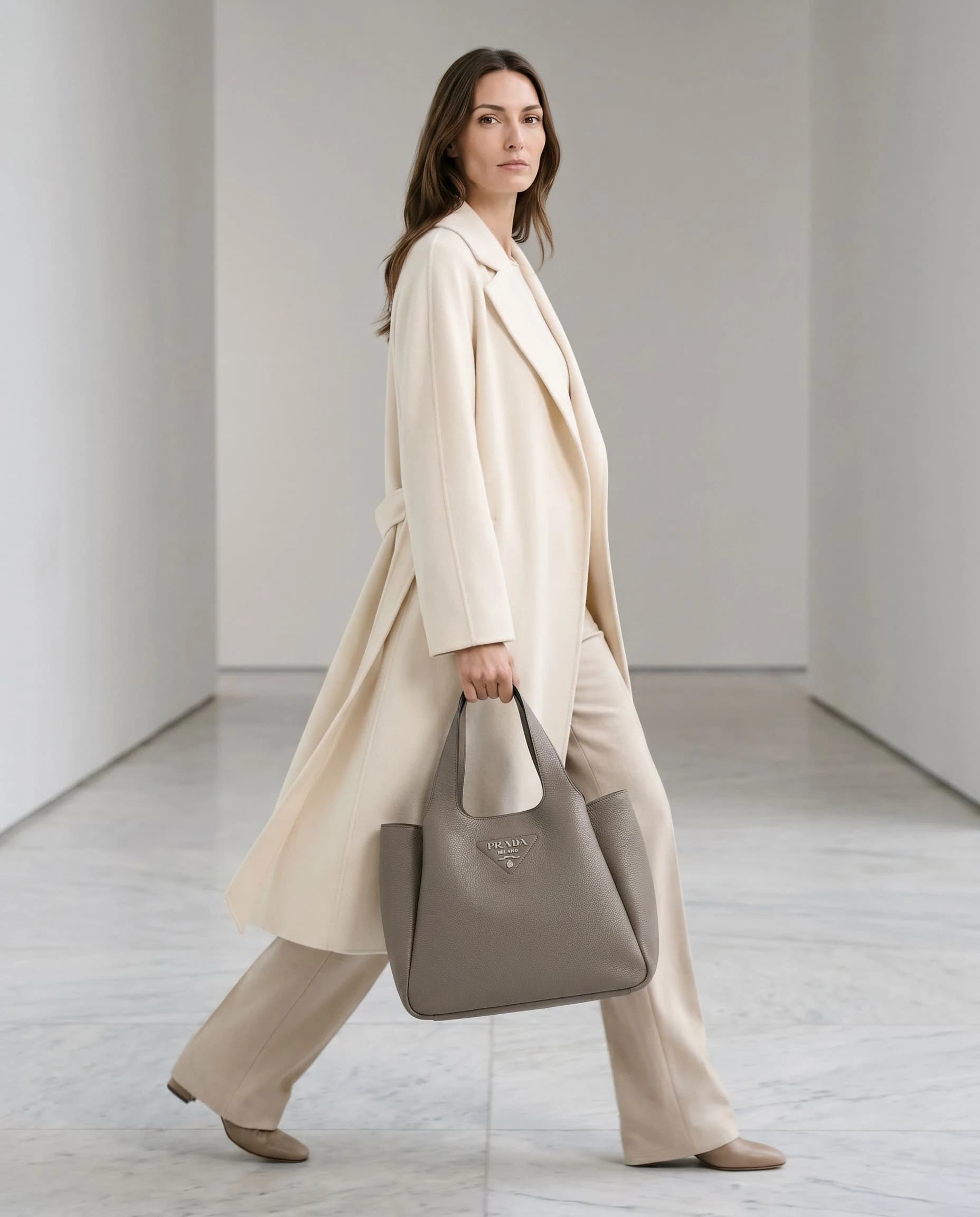 Prada Vitello Daino Soft Shopping Argilla Deri Omuz Çantası görsel 6